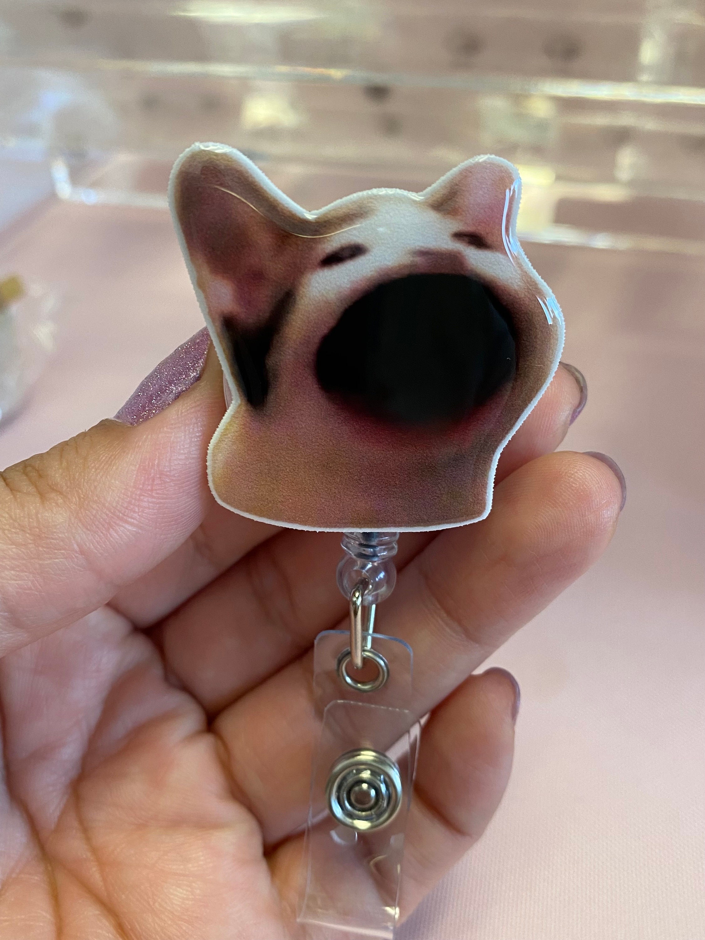 Big Mouth Cat Meme Badge Reel, Pop Cat, Handmade