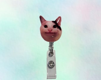 Smiling Cat Meme Badge Reel, Handmade