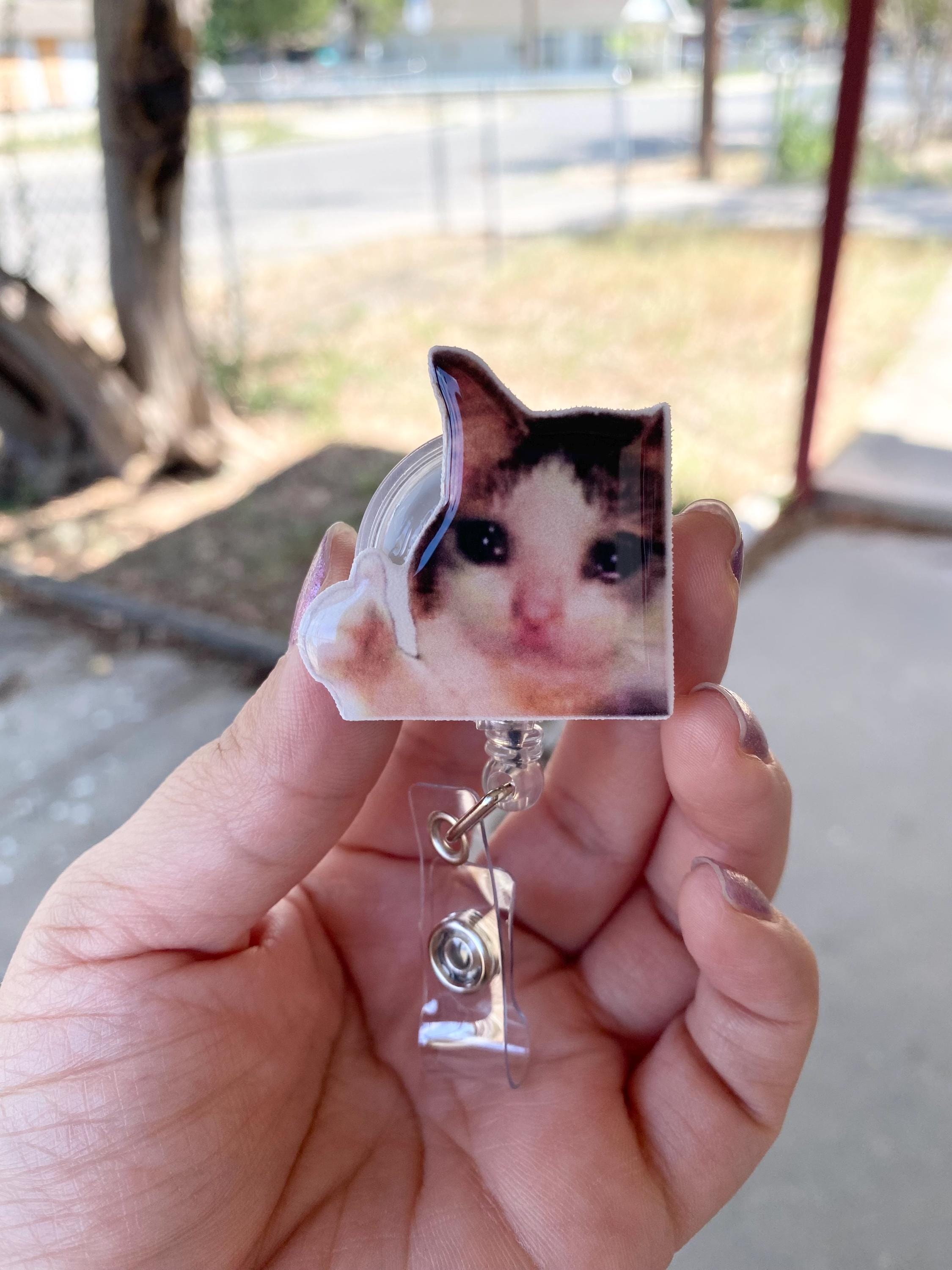 Thumbs Up Sad Cat Meme Badge Reel,  Handmade