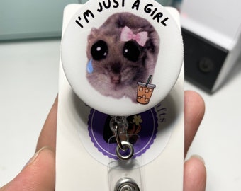 Sad Hamster Badge Reel: Iced Coffee or Stanley Cup, Custom Drink