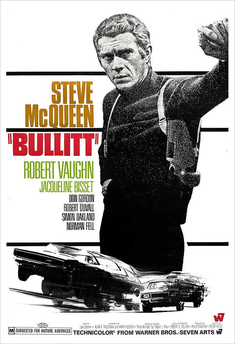 May include: A movie poster for the film "Bullitt" starring Steve McQueen. The poster features a black and white image of McQueen in a black turtleneck and a gun holster. The title of the film is in red and yellow letters. The poster also features the names of the supporting actors, Robert Vaughn and Jacqueline Bisset, in green letters.