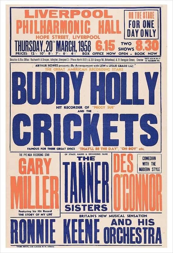 Buddy Holly and the Crickets 1958 - Liverpool - Concert Poster Print -  Redplanetgraphics - Etsy
