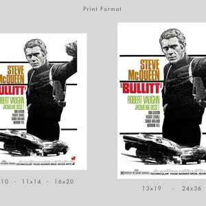 May include: A vintage movie poster for the film "Bullitt" starring Steve McQueen. The poster features a black and white image of McQueen in a black jacket and white shirt, with a gun holster on his hip. The poster also features the title of the film in red and white letters, and the names of the actors and director in smaller white letters. The poster is printed on a white background.