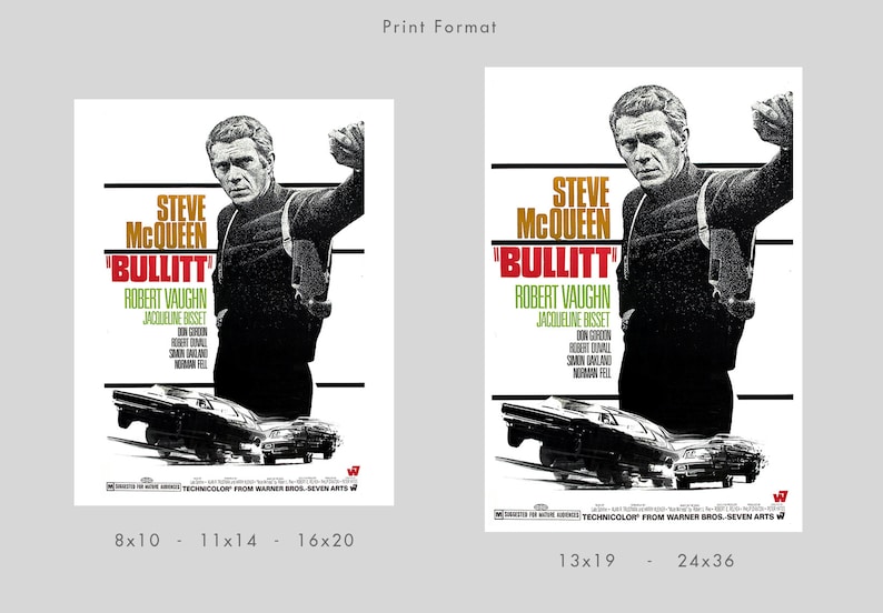 May include: A vintage movie poster for the film "Bullitt" starring Steve McQueen. The poster features a black and white image of McQueen in a black jacket and white shirt, with a gun holster on his hip. The poster also features the title of the film in red and white letters, and the names of the actors and director in smaller white letters. The poster is printed on a white background.