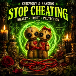 May include: Two burlap voodoo dolls with button eyes and red heart patches, tied together with red cord. The background features green glowing light, candles, glass jars, and text reading CEREMONY & READING STOP CHEATING LOYALTY TRUST PROTECTION.