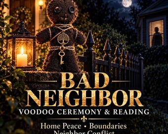May include: A dark brown fabric doll with button eyes and stitched mouth, wearing a tree pendant and key on twine. Beside it sits a lit candle in a black lantern. Text reads: BAD NEIGHBOR VOODOO CEREMONY & READING, Home Peace, Boundaries, Neighbor Conflict.