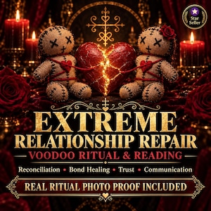 May include: Two tan hessian voodoo dolls with stitched X eyes and red heart patches are connected by red thread to a central cracked, glowing red heart. The text reads EXTREME RELATIONSHIP REPAIR VOODOO RITUAL & READING, Reconciliation, Bond Healing, Trust, Communication, REAL RITUAL PHOTO PROOF INCLUDED.