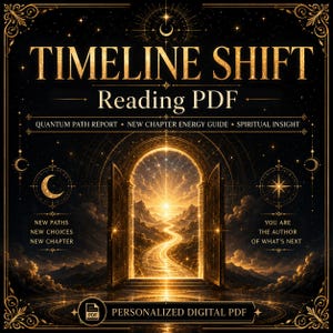 以下が含まれることがあります： 黒い背景に金色の文字で「TIMELINE SHIFT Reading PDF」と書かれたデジタルPDF。明るい道に開くアーチ型のドアが特徴で、「Quantum Path Report」や「Personalized Digital PDF」などのテキストが含まれています。