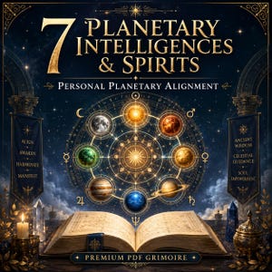 May include: An open book titled 7 PLANETARY INTELLIGENCES & SPIRITS PERSONAL PLANETARY ALIGNMENT with a central circular diagram of seven planets. Two dark banners display text including ALIGN, AWAKEN, HARMONIZE, MANIFEST, ANCIENT WISDOM, CELESTIAL GUIDANCE, SOUL EMPOWERMENT, and PREMIUM PDF GRIMOIRE.