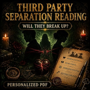 Könnte beinhalten: Eine digitale Grafik mit dem Titel THIRD PARTY SEPARATION READING WILL THEY BREAK UP? mit Silhouetten von zwei Personen und einer dritten Figur, einem gespaltenen Herzen mit rotem Faden, Kerzen, einem Kompass und einer Liste auf Pergament.