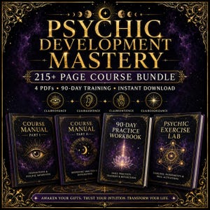 May include: A Psychic Development Mastery 215+ page course bundle featuring four books: Course Manual Part 1, Course Manual Part 2, 90-Day Practice Workbook, and Psychic Exercise Lab. The dark purple and gold covers display celestial and mystical icons.