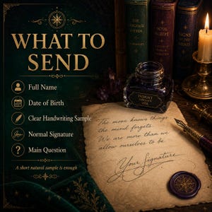 May include: A dark green informational graphic titled WHAT TO SEND with a list of requirements including Full Name, Date of Birth, Clear Handwriting Sample, Normal Signature, and Main Question, alongside an ink bottle, quill, and parchment.