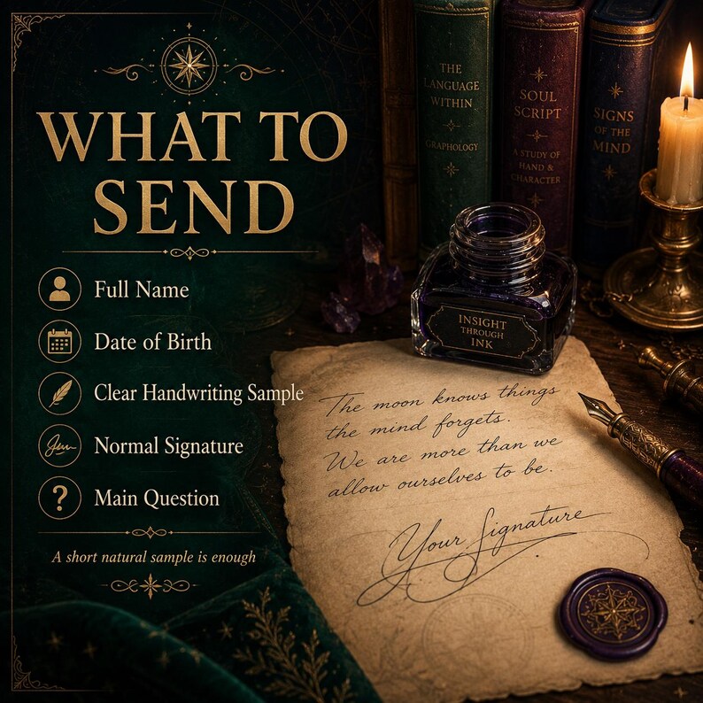 May include: A dark green informational graphic titled WHAT TO SEND with a list of requirements including Full Name, Date of Birth, Clear Handwriting Sample, Normal Signature, and Main Question, alongside an ink bottle, quill, and parchment.