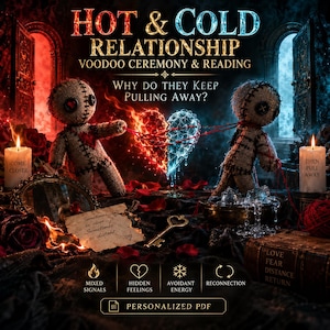 Pode incluir: Dois bonecos vudu de juta conectados por fios vermelhos a um coração brilhante dividido entre fogo e gelo. Texto: HOT & COLD RELATIONSHIP, VOODOO CEREMONY & READING, WHY DO THEY KEEP PULLING AWAY?, LOVE FEAR DISTANCE RETURN, MIXED SIGNALS, HIDDEN FEELINGS, AVOIDANT ENERGY, RECONNECTION, PERSONALIZED PDF.