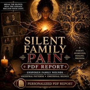 May include: A digital art image for a PDF report titled "Silent Family Pain." The image features a woman with glowing hands, a family tree, and vintage photographs. Text includes "Break the Silence," "Heal the Lineage," and "Reclaim Your Light."