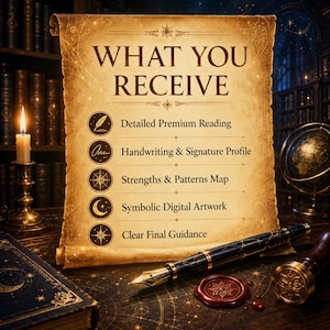 May include: A parchment scroll with the text WHAT YOU RECEIVE followed by a list of five items: Detailed Premium Reading, Handwriting & Signature Profile, Strengths & Patterns Map, Symbolic Digital Artwork, and Clear Final Guidance, with icons.