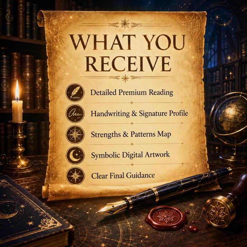May include: A parchment scroll with the text WHAT YOU RECEIVE followed by a list of five items: Detailed Premium Reading, Handwriting & Signature Profile, Strengths & Patterns Map, Symbolic Digital Artwork, and Clear Final Guidance, with icons.