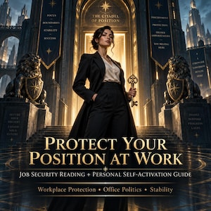 Könnte beinhalten: Eine digitale Illustration einer Person im schwarzen Anzug, die einen goldenen Schlüssel hält und vor einem steinernen Torbogen mit Löwenstatuen steht. Text: PROTECT YOUR POSITION AT WORK, JOB SECURITY READING + PERSONAL SELF-ACTIVATION GUIDE.
