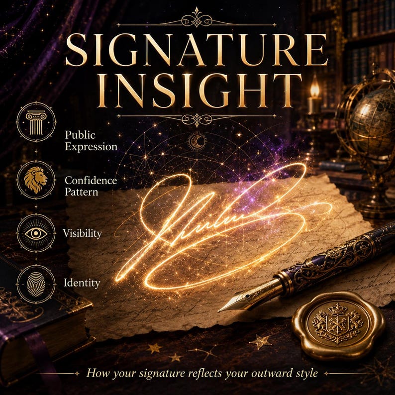 May include: A graphic titled SIGNATURE INSIGHT featuring a glowing golden signature on parchment, a fountain pen, and a wax seal. Icons represent Public Expression, Confidence Pattern, Visibility, and Identity. Text reads: How your signature reflects your outward style.