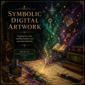May include: Digital artwork featuring the text SYMBOLIC DIGITAL ARTWORK, Inspired by your reading themes and personal patterns, and PREMIUM HANDWRITING ANALYSIS READING. An ink bottle, fountain pen, and old books are shown with magical light.