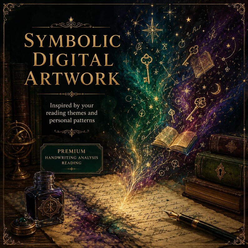 May include: Digital artwork featuring the text SYMBOLIC DIGITAL ARTWORK, Inspired by your reading themes and personal patterns, and PREMIUM HANDWRITING ANALYSIS READING. An ink bottle, fountain pen, and old books are shown with magical light.