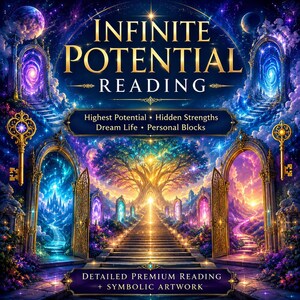 Può includere: Un grafico digitale con il testo INFINITE POTENTIAL READING, Highest Potential, Hidden Strengths, Dream Life, Personal Blocks e DETAILED PREMIUM READING + SYMBOLIC ARTWORK. L'immagine mostra chiavi dorate, portali ad arco e un albero centrale.