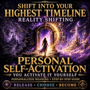 May include: A digital graphic featuring a person walking toward a glowing portal. Text reads: SHIFT INTO YOUR HIGHEST TIMELINE, REALITY SHIFTING, PERSONAL SELF-ACTIVATION, YOU ACTIVATE IT YOURSELF, PERSONALIZED READING + STEP-BY-STEP GUIDE, RELEASE, CHOOSE, BECOME.