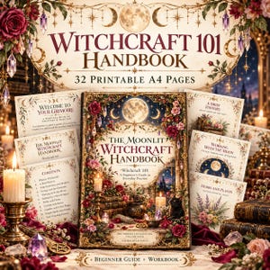 Può includere: Un manuale di stregoneria 101 con 32 pagine A4 stampabili. La copertina mostra il titolo The Moonlit Witchcraft Handbook, una luna piena, rose, un gatto nero, candele e cristalli. Diverse pagine interne sono visibili, mostrando titoli di capitoli come A Brief History, Working with the Moon e Herbs and Plants.