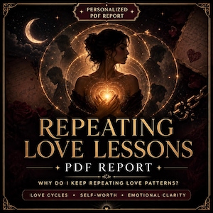 May include: An image promoting a "Repeating Love Lessons" PDF report. It features a woman with a glowing heart, set against a backdrop of celestial imagery. The report focuses on love cycles, self-worth, and emotional clarity. The text includes "Personalized PDF Report."