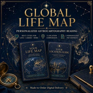 May include: A dark blue graphic featuring the text GLOBAL LIFE MAP, PERSONALIZED ASTROCARTOGRAPHY READING, YOUR LIFE MAP, and YOUR LOCATION GUIDE. The design includes a world map, a compass, a notebook, and a pen, with gold accents and star motifs.