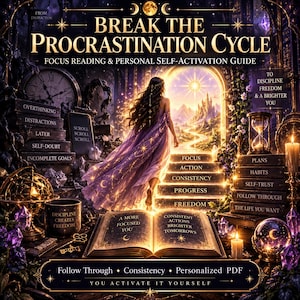 May include: A digital guide titled Break The Procrastination Cycle featuring a person in a purple gown walking toward a glowing archway. The image includes text such as Focus, Action, Consistency, Progress, Freedom, and A More Focused You.