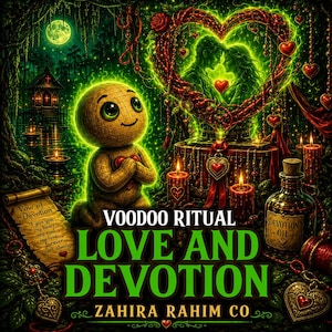 Op de afbeelding: Een digitale illustratie met een kleine, beige, gestikte pop met grote ogen, een gloeiend groen hartvormig frame met een koppel, brandende kaarsen, een perkamentrol met de tekst Vow of Devotion en een flesje met Devotion Oil.