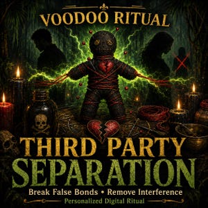 May include: A dark voodoo doll with red stitching and pins, centered above a broken heart icon. The image features text reading VOODOO RITUAL, THIRD PARTY SEPARATION, Break False Bonds, Remove Interference, and Personalized Digital Ritual.