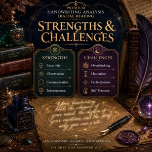 May include: A digital reading chart titled Premium Handwriting Analysis Strengths & Challenges, featuring lists of traits like Creativity and Overthinking. The design includes vintage books, an ink bottle, a quill, and a crystal ball on parchment.