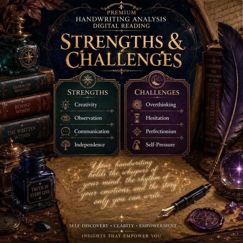 May include: A digital reading chart titled Premium Handwriting Analysis Strengths & Challenges, featuring lists of traits like Creativity and Overthinking. The design includes vintage books, an ink bottle, a quill, and a crystal ball on parchment.