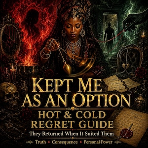 May include: A digital illustration featuring a person holding a gold pendulum, surrounded by a skull, candles, and parchment papers. The text reads: KEPT ME AS AN OPTION, HOT & COLD REGRET GUIDE, They Returned When It Suited Them, Truth, Consequence, Personal Power.