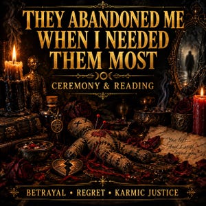 May include: A burlap voodoo doll with red pins, surrounded by candles, a broken heart charm, and dark roses. The text reads: THEY ABANDONED ME WHEN I NEEDED THEM MOST, CEREMONY & READING, You left... And I still loved you., BETRAYAL, REGRET, KARMIC JUSTICE.