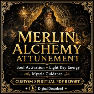May include: Digital download graphic featuring the text "MERLIN ALCHEMY ATTUNEMENT" in gold lettering. The image shows a wizard holding a staff, with mystical symbols and the phrases "Soul Activation," "Light Key Energy," and "Mystic Guidance."