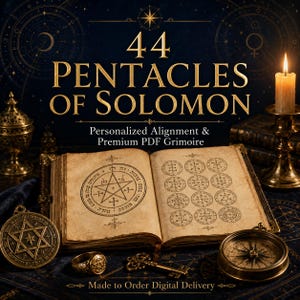 May include: An open book with aged pages displaying circular geometric symbols and Hebrew text. The title 44 PENTACLES OF SOLOMON is printed above. A gold ring, a metal key, a compass, and a gold pendant with a star design are placed nearby.