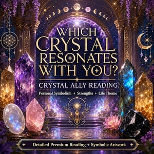 May include: A digital graphic featuring various crystals in purple, blue, gold, and black, surrounding a central archway. Text reads: WHICH CRYSTAL RESONATES WITH YOU? CRYSTAL ALLY READING, Personal Symbolism, Strengths, Life Theme, Detailed Premium Reading + Symbolic Artwork.