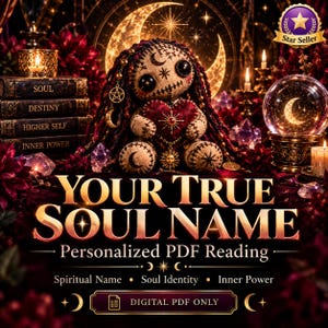 May include: A plush doll with dark braided hair and button eyes holds a red heart, surrounded by books labelled Soul, Destiny, Higher Self, and Inner Power, with text reading YOUR TRUE SOUL NAME Personalised PDF Reading Spiritual Name Soul Identity Inner Power.