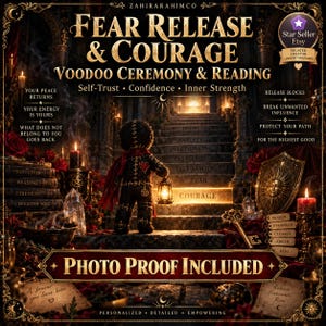 Könnte beinhalten: Eine dunkle, genähte Puppe mit einer leuchtenden Laterne steht auf Steinstufen. Das Bild enthält Text wie FEAR RELEASE & COURAGE, VOODOO CEREMONY & READING und PHOTO PROOF INCLUDED, umgeben von Kerzen, Kristallen und einem sonnenförmigen Schild.