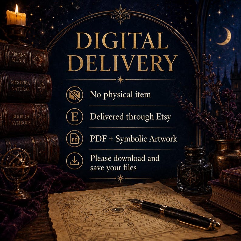 May include: A digital delivery notice featuring the text DIGITAL DELIVERY, No physical item, Delivered through Etsy, PDF + Symbolic Artwork, and Please download and save your files. The background shows old books, a candle, and a fountain pen.