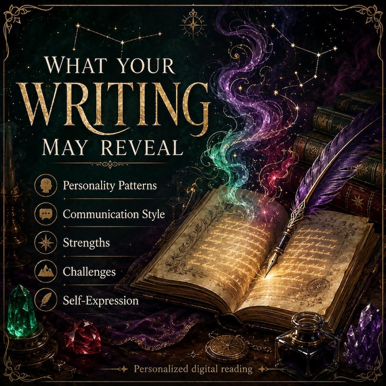 May include: An open book with handwritten text, a purple quill pen, and colorful smoke rising from the pages. The text reads: WHAT YOUR WRITING MAY REVEAL, Personality Patterns, Communication Style, Strengths, Challenges, Self-Expression, Personalized digital reading.