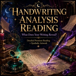 May include: A digital graphic featuring the text HANDWRITING ANALYSIS READING, What Does Your Writing Reveal?, and Detailed Premium Reading + Symbolic Artwork. It displays a fountain pen, an inkwell, parchment, and books in a dark setting.