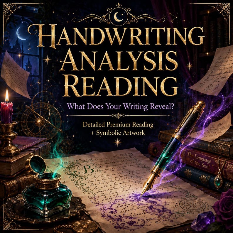 May include: A digital graphic featuring the text HANDWRITING ANALYSIS READING, What Does Your Writing Reveal?, and Detailed Premium Reading + Symbolic Artwork. It displays a fountain pen, an inkwell, parchment, and books in a dark setting.