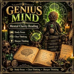 以下が含まれることがあります： GENIUS MIND Mental Clarity Readingというテキストが書かれたダークで神秘的なグラフィック。人形、光る水晶玉、脳のイラストが描かれた開いた本、頭蓋骨、キャンドル、そしてKnowledge、Focus、Intuition、Higher Mind、Successとラベル付けされた積み重ねられた本が含まれています。全体的なカラーパレットは、鮮やかな緑色のアクセントが付いた深い黒です。