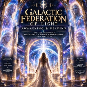Puede incluir: Una ilustración digital con el texto GALACTIC FEDERATION OF LIGHT AWAKENING & READING. Una figura central con un vestido largo se encuentra ante un arco brillante, flanqueada por cuatro retratos etéreos sobre un fondo cósmico y estrellado.