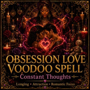May include: A digital graphic featuring a central couple surrounded by glowing red energy, a figure above them, candles, and a doll. Text reads: OBSESSION LOVE VOODOO SPELL, Constant Thoughts, Longing, Attraction, Romantic Focus. The design has a dark, ornate border.