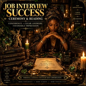 Può includere: Un grafico digitale intitolato JOB INTERVIEW SUCCESS CEREMONY & READING che mostra una persona con una veste scura a motivi e un turbante. L'immagine include testo, candele, una pila di libri, una sfera di cristallo e una pergamena con le parole THE RIGHT WORDS THE RIGHT ENERGY A BRIGHTER FUTURE.